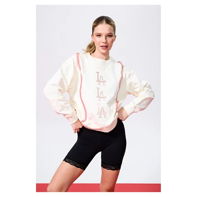 Women's Terez Cream Los Angeles Dodgers Baseball Stitch Pullover Sweatshirt