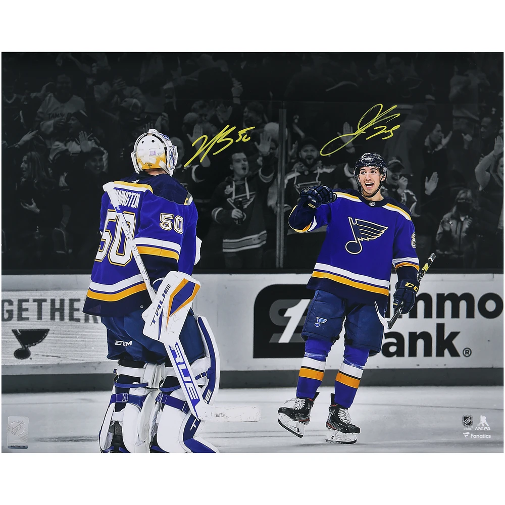 Jordan Kyrou & Jordan Binnington St. Louis Blues Autographed 16" x 20" Blue Jersey Celebration Photograph