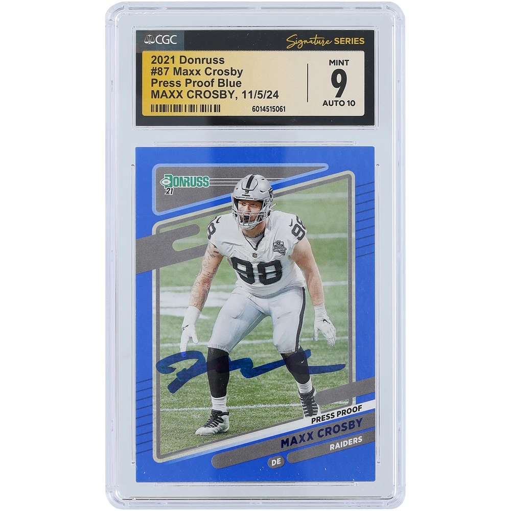 Maxx Crosby Las Vegas Raiders Autographed 2021 Panini Donruss Press Proof Blue #87 CGC Fanatics Witnessed Authenticated 9/10 Card