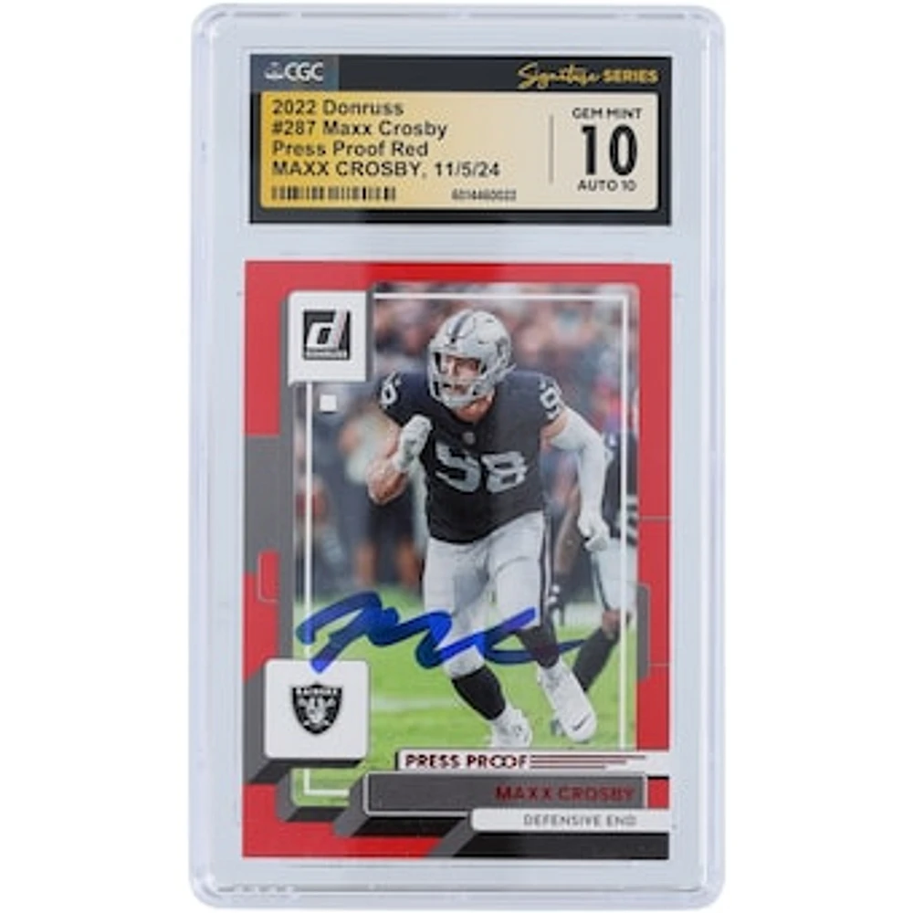 Maxx Crosby Las Vegas Raiders Autographed 2022 Panini Donruss Press Proof Red #287 CGC Fanatics Witnessed Authenticated /10 Card