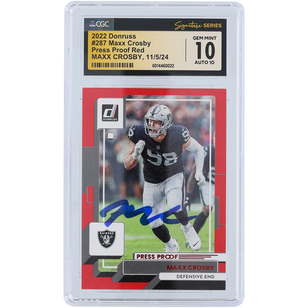 Maxx Crosby Las Vegas Raiders Autographed 2022 Panini Donruss Press Proof Red #287 CGC Fanatics Witnessed Authenticated /10 Card
