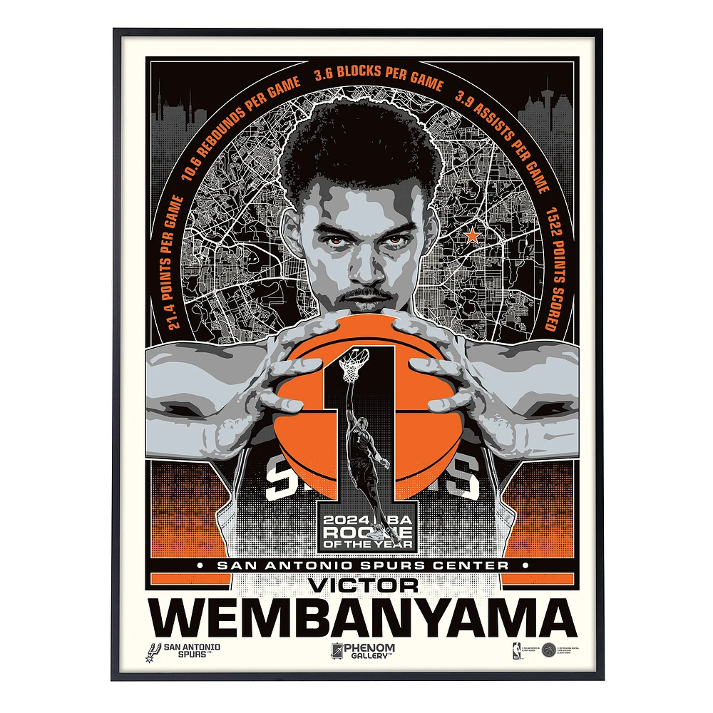 Phenom Gallery Victor Wembanyama San Antonio Spurs 2024 NBA Rookie Of The Year 18" x 24" Deluxe Framed Serigraph