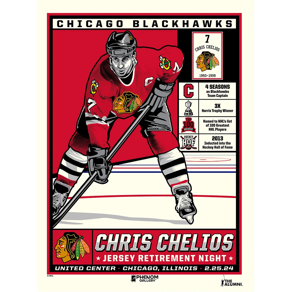 Phenom Gallery Chris Chelios Chicago Blackhawks Jersey Retirement Night 18" x 24" Serigraph