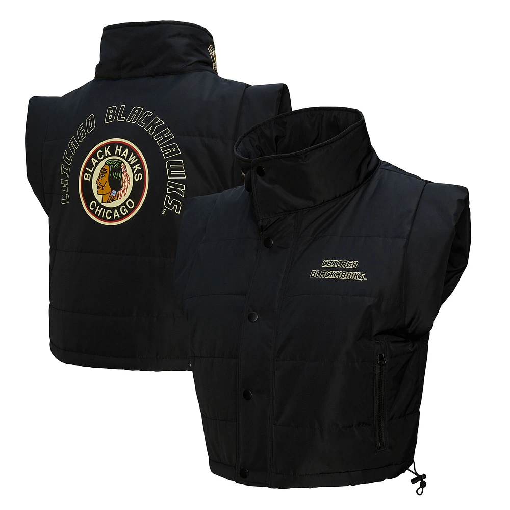 Women's Mitchell & Ness Black Chicago Blackhawks Cropped Full-Zip Puffer Vest