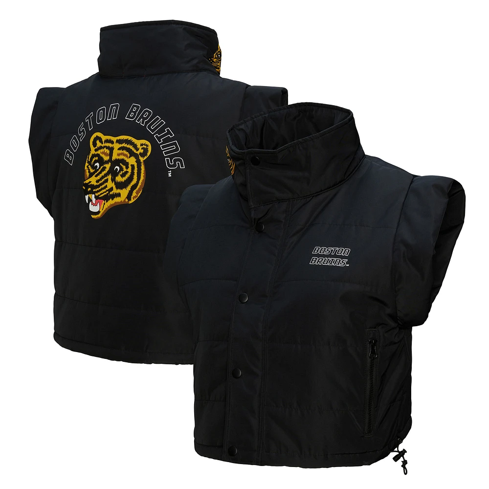 Women's Mitchell & Ness Black Boston Bruins Cropped Full-Zip Puffer Vest