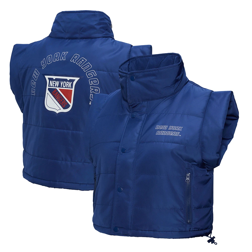 Women's Mitchell & Ness Blue New York Rangers Cropped Full-Zip Puffer Vest