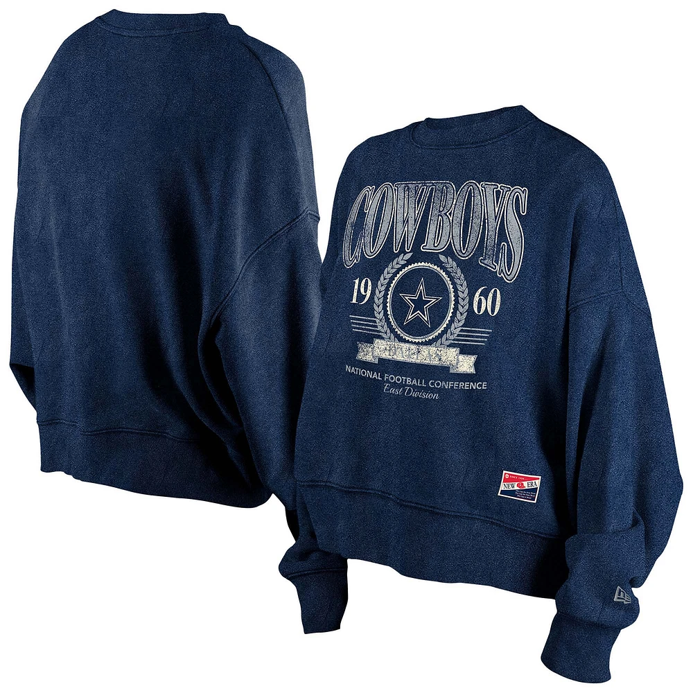 Women's New Era Navy Dallas Cowboys Throwback Distressed Boxy Pullover Sweatshirt