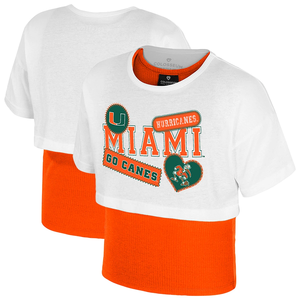 Girl's Youth Colosseum White Miami Hurricanes Gale Cropped 2Fer Top