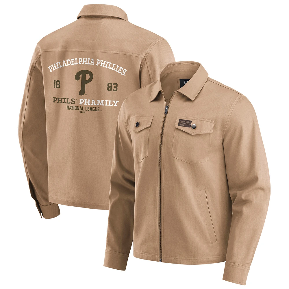 Men's Darius Rucker Collection by Fanatics Tan Philadelphia Phillies Distressed Washed Full-Zip Jacket