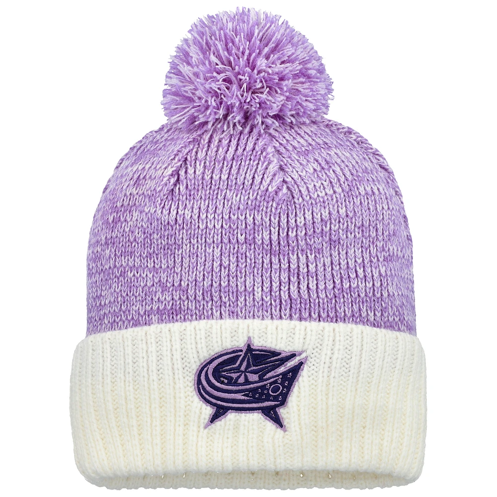 Men's Fanatics Lavender/White Columbus Blue Jackets Hockey Fights Cancer Cuffed Knit Hat with Pom