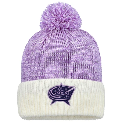 Men's Fanatics Lavender/White Columbus Blue Jackets Hockey Fights Cancer Cuffed Knit Hat with Pom