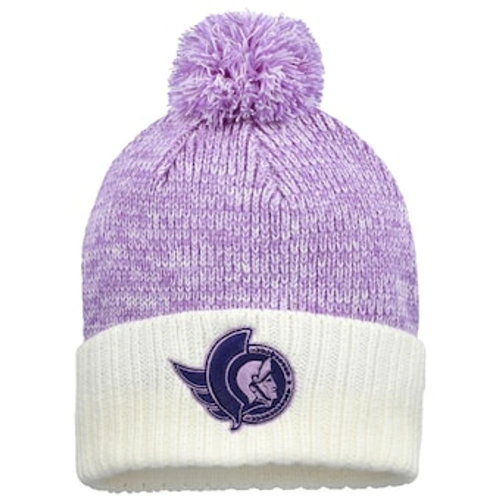 Men's Fanatics Lavender/White Ottawa Senators Hockey Fights Cancer Cuffed Knit Hat with Pom
