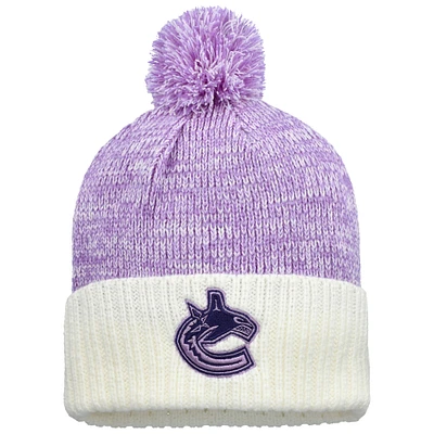Men's Fanatics Lavender/White Vancouver Canucks Hockey Fights Cancer Cuffed Knit Hat with Pom