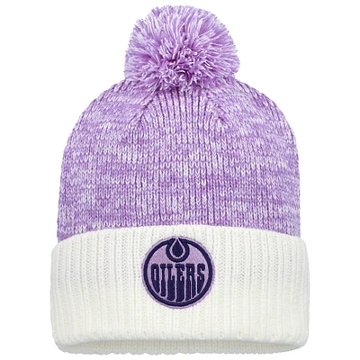 Men's Fanatics Lavender/White Edmonton Oilers Hockey Fights Cancer Cuffed Knit Hat with Pom