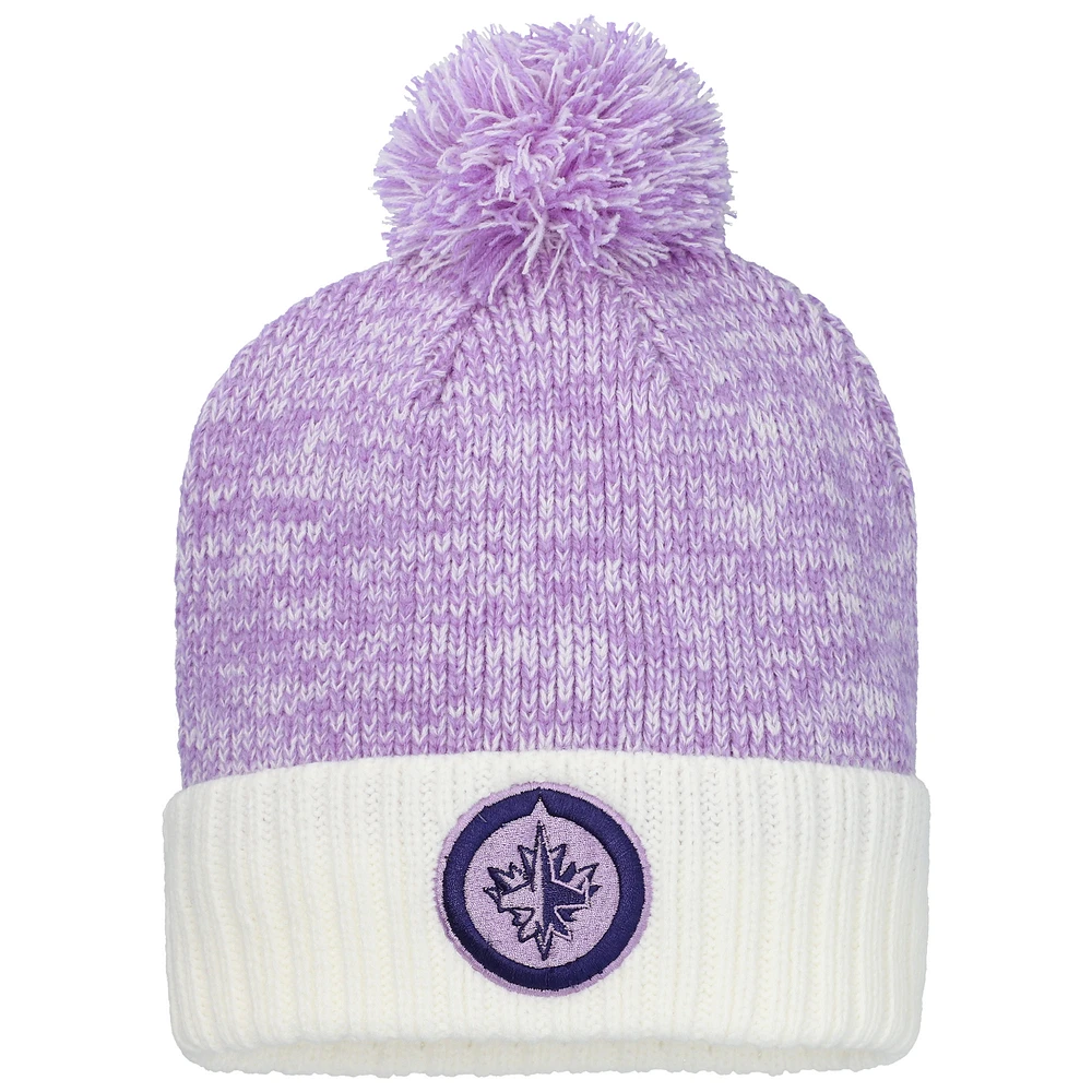 Men's Fanatics Lavender/White Winnipeg Jets Hockey Fights Cancer Cuffed Knit Hat with Pom