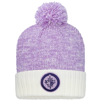 Men's Fanatics Lavender/White Winnipeg Jets Hockey Fights Cancer Cuffed Knit Hat with Pom
