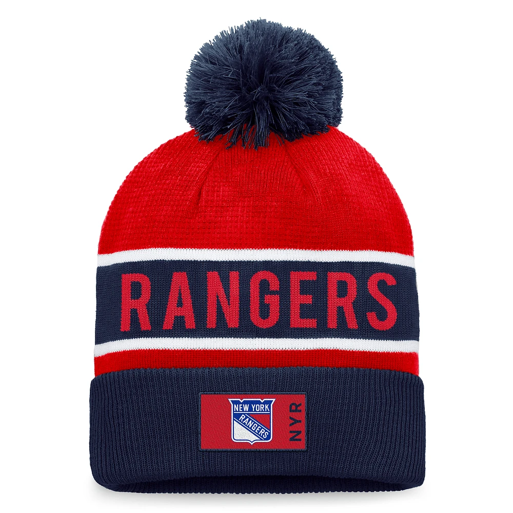 Men's Fanatics Red/Navy New York Rangers Authentic Pro Rink Cuffed Knit Hat with Pom