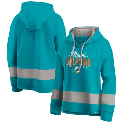 Women's Fanatics Aqua/Gray Miami Dolphins Huddle Up Fundamental Fleece Color Block Pullover Hoodie