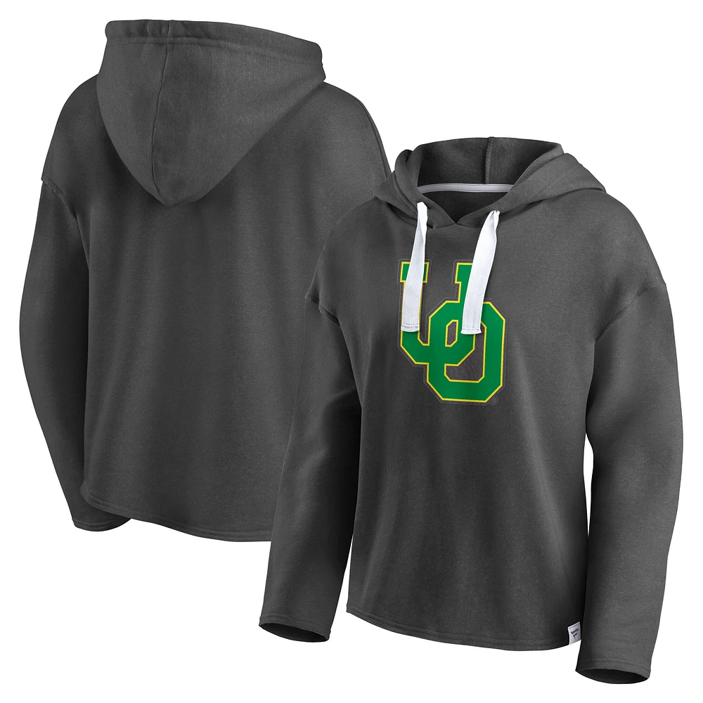 Women's Fanatics Heather Charcoal Oregon Ducks Sport Resort Raw Edge High-Hip Pullover Hoodie