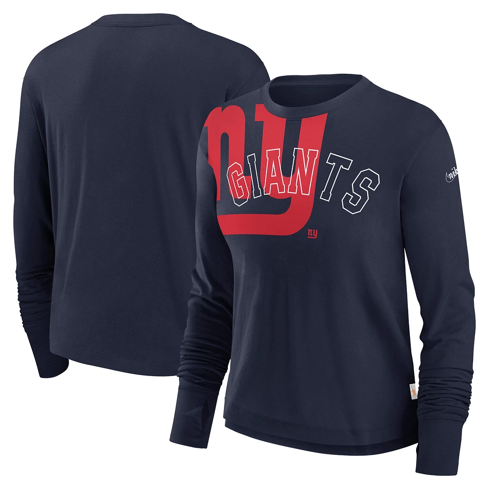 Women's Nike Navy New York Giants Layered Logo Cropped Long Sleeve Fashion T-Shirt