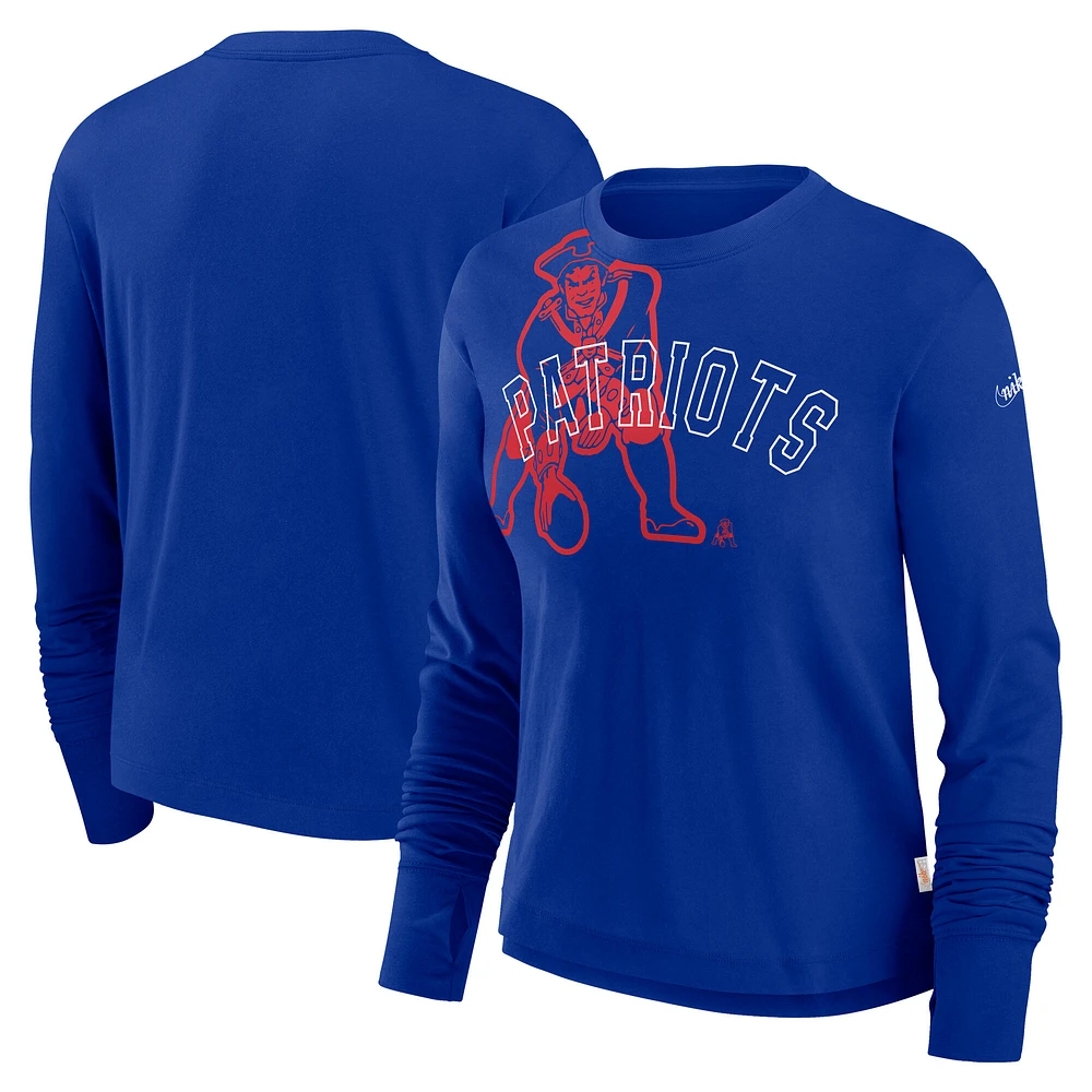 Women's Nike Royal New England Patriots Layered Logo Cropped Long Sleeve Fashion T-Shirt