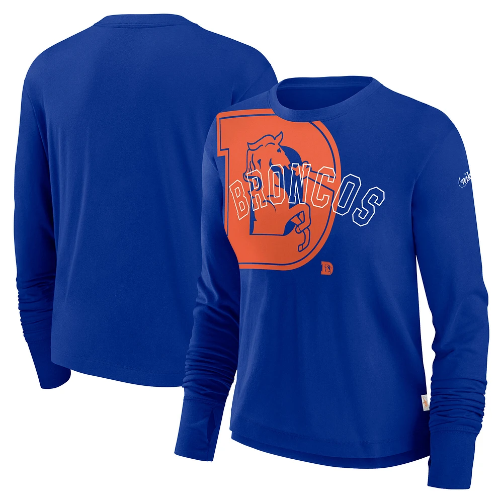 Women's Nike Royal Denver Broncos Layered Logo Cropped Long Sleeve Fashion T-Shirt