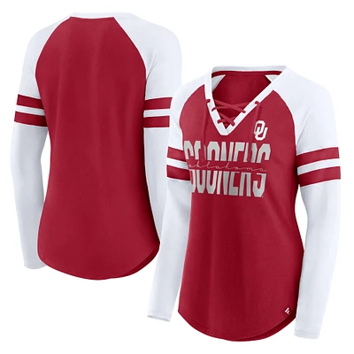Women's Fanatics Crimson Oklahoma Sooners Iconic Raglan Lace-Up V-Neck Long Sleeve T-Shirt