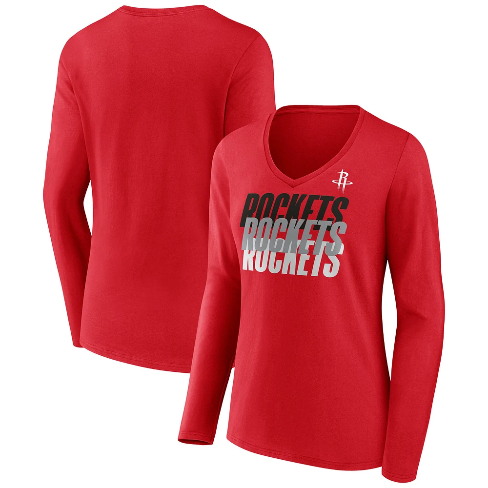 Women's Fanatics Red Houston Rockets Iconic Tumble Long Sleeve V-Neck T-Shirt