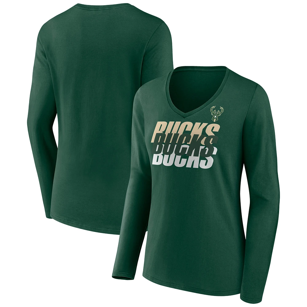 Women's Fanatics Hunter Green Milwaukee Bucks Iconic Tumble Long Sleeve V-Neck T-Shirt