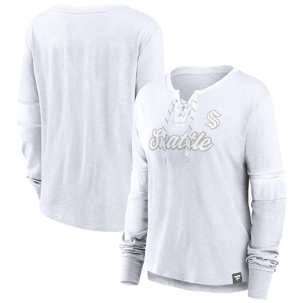 Women's Fanatics Seattle Kraken White Out Lace-Up Fashion Long Sleeve T-Shirt