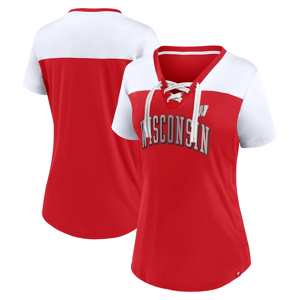 Women's Fanatics Red Wisconsin Badgers Fundamentals Campus Win Athena Lace-Up V-Neck T-Shirt