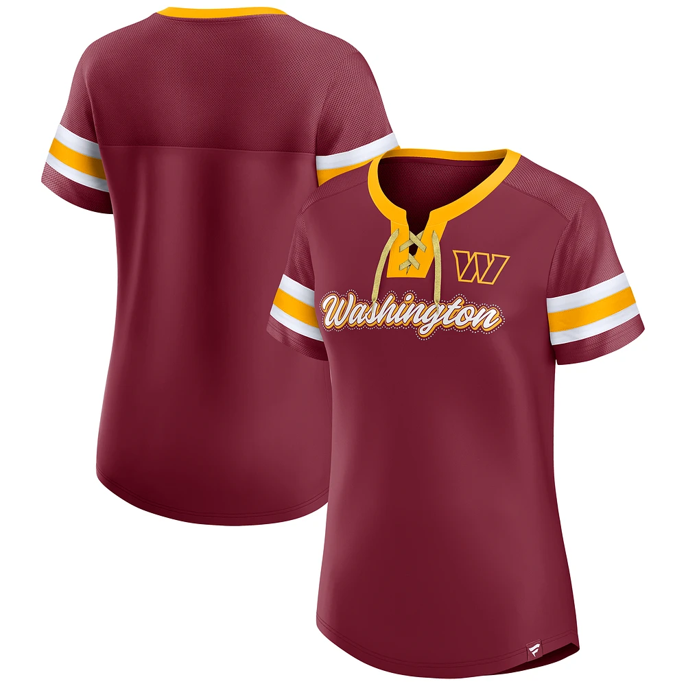 Women's Fanatics Burgundy Washington Commanders True Catch Iconic Rhinestone Bling Athena Lace-Up T-Shirt