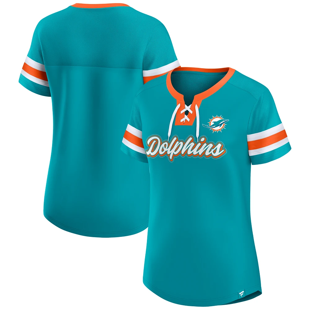 Women's Fanatics Aqua Miami Dolphins True Catch Iconic Rhinestone Bling Athena Lace-Up T-Shirt