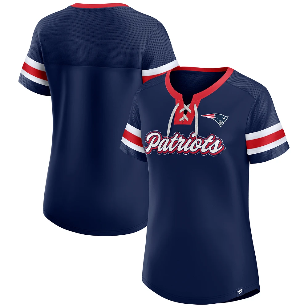 Women's Fanatics Navy New England Patriots True Catch Iconic Rhinestone Bling Athena Lace-Up T-Shirt