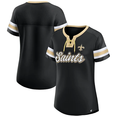 Women's Fanatics Black New Orleans Saints True Catch Iconic Rhinestone Bling Athena Lace-Up T-Shirt