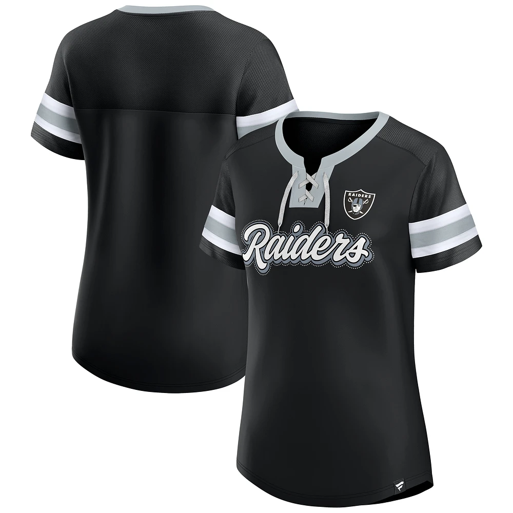 Women's Fanatics Black Las Vegas Raiders True Catch Iconic Rhinestone Bling Athena Lace-Up T-Shirt