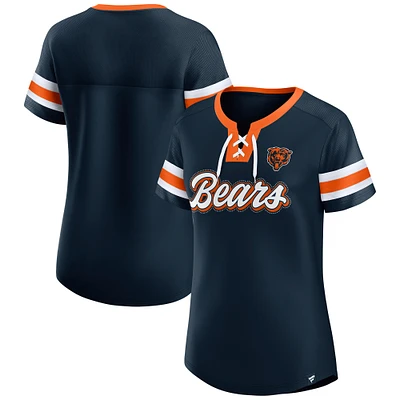 Women's Fanatics Navy Chicago Bears True Catch Iconic Rhinestone Bling Athena Lace-Up T-Shirt