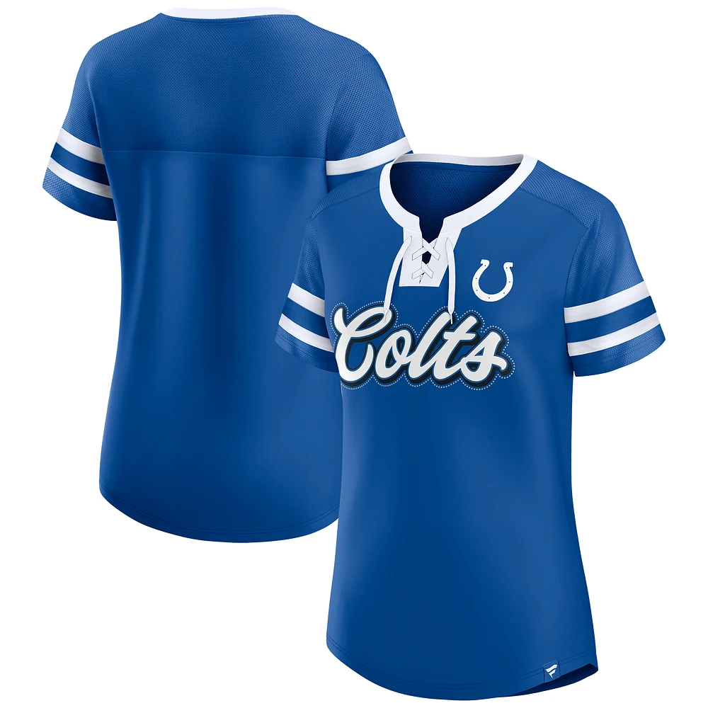 Women's Fanatics Royal Indianapolis Colts True Catch Iconic Rhinestone Bling Athena Lace-Up T-Shirt