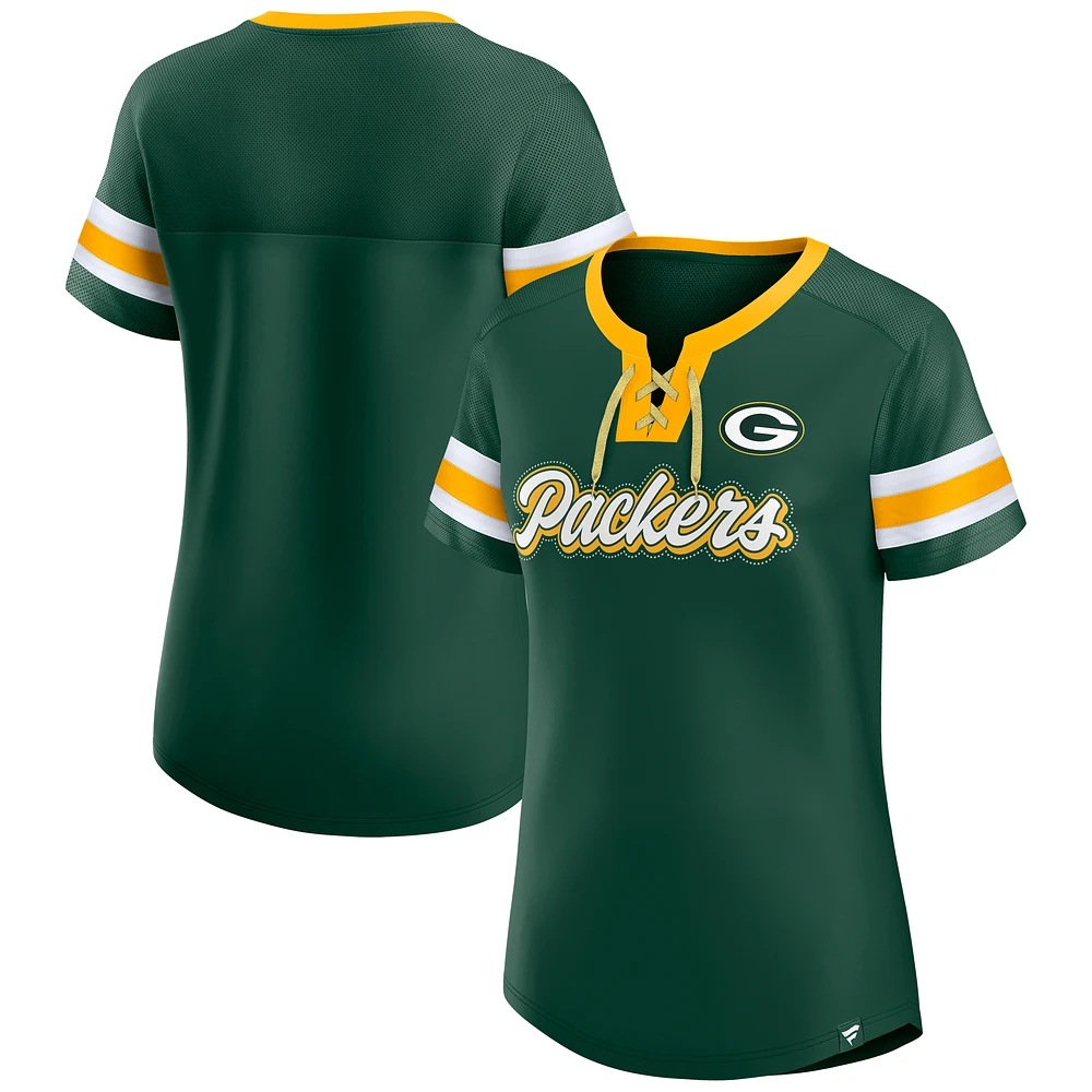 Women's Fanatics Green Green Bay Packers True Catch Iconic Rhinestone Bling Athena Lace-Up T-Shirt