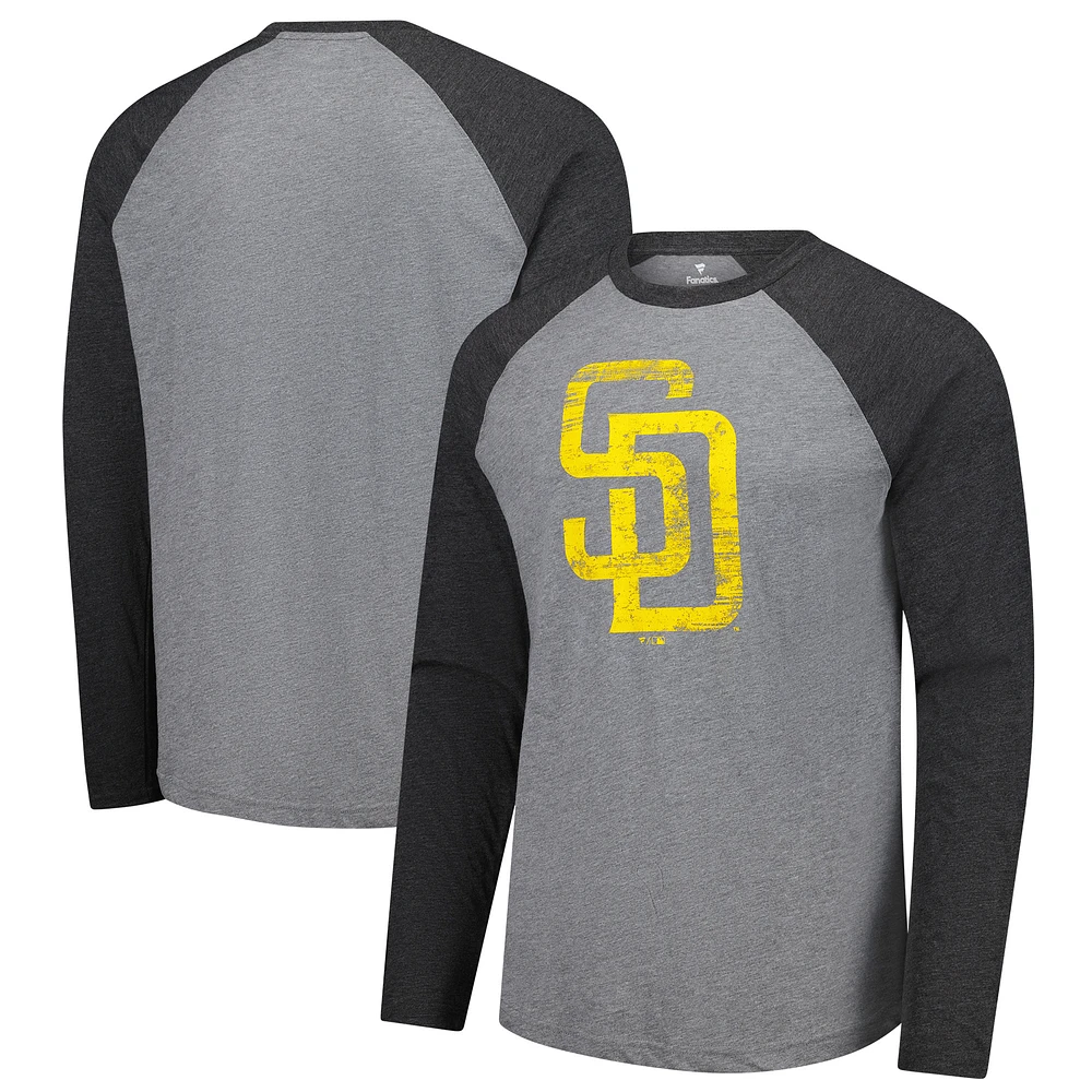 Men's Fanatics Heather Gray/Heather Charcoal San Diego Padres Weathered Logo Tri-Blend Raglan Long Sleeve T-Shirt