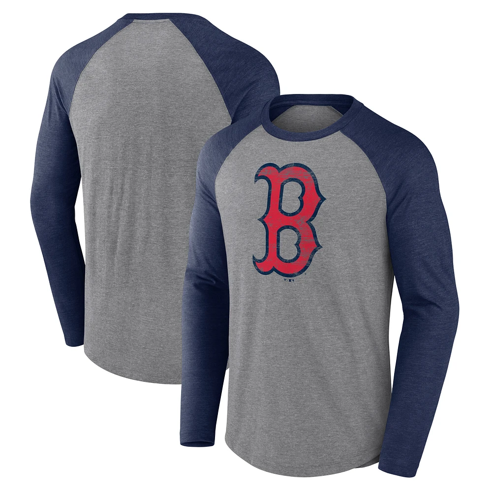 Men's Fanatics Heather Gray/Heather Navy Boston Red Sox Weathered Logo Tri-Blend Raglan Long Sleeve T-Shirt