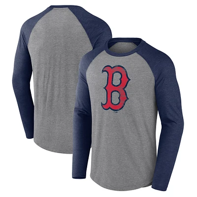 Men's Fanatics Heather Gray/Heather Navy Boston Red Sox Weathered Logo Tri-Blend Raglan Long Sleeve T-Shirt