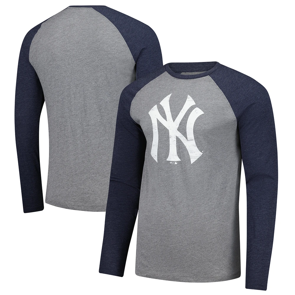 Men's Fanatics Heather Gray/Heather Navy New York Yankees Weathered Logo Tri-Blend Raglan Long Sleeve T-Shirt
