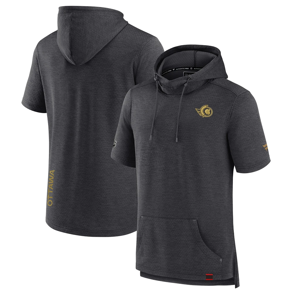 Men's Fanatics Heather Charcoal Ottawa Senators Authentic Pro Short Sleeve Pullover Hoodie