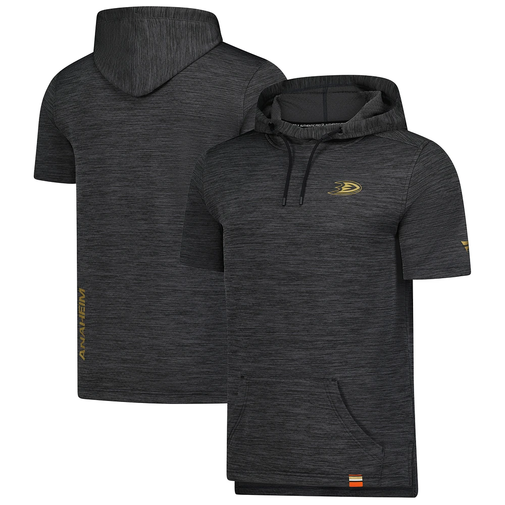 Men's Fanatics Heather Charcoal Anaheim Ducks Authentic Pro Short Sleeve Pullover Hoodie