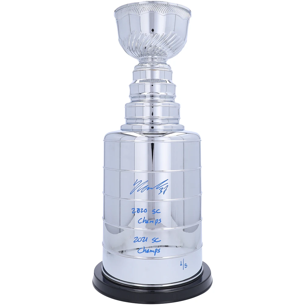 Yanni Gourde Tampa Bay Lightning Autographed 2' Replica Stanley Cup with Multiple Inscriptions - Signed in Blue