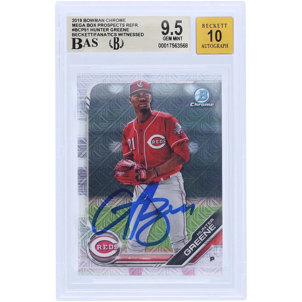 Hunter Greene Cincinnati Reds Autographed 2019 Bowman Chrome Mega Box Prospects Refractor #BCP51 Beckett Fanatics Witnessed Authenticated /10 Card