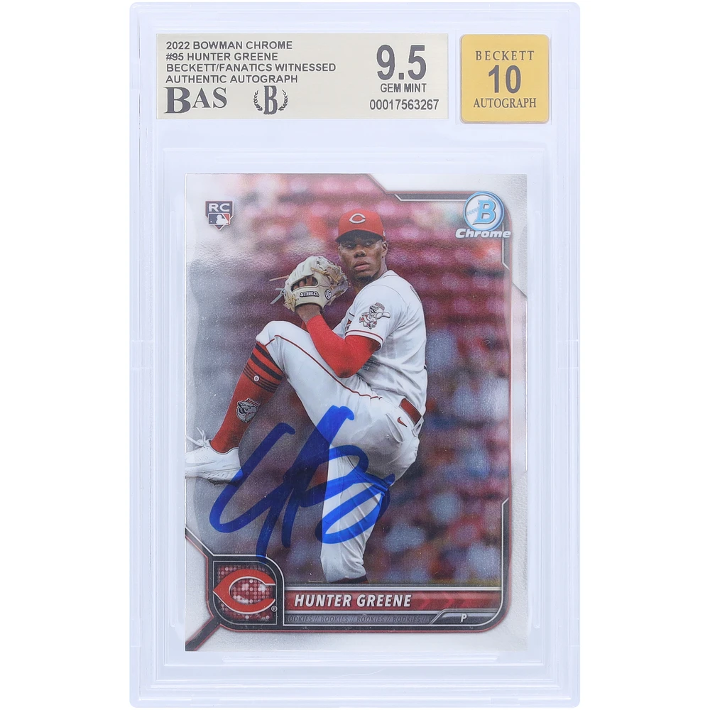 Hunter Greene Cincinnati Reds Autographed 2022 Bowman Chrome #95 Beckett Fanatics Witnessed Authenticated /10 Card