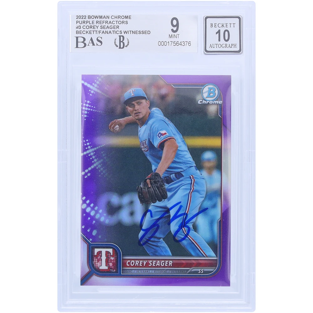 Corey Seager Texas Rangers Autographed 2022 Bowman Chrome Purple Refractor #3 #/250 Beckett Fanatics Witnessed Authenticated 9/10 Card