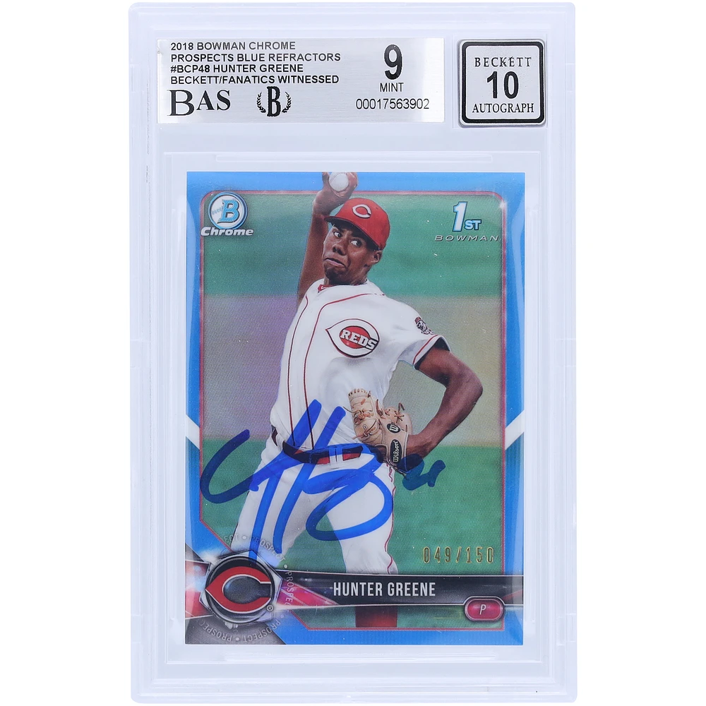 Hunter Greene Cincinnati Reds Autographed 2018 Bowman Chrome Prospects Blue Refractor #BCP48 #/150 Beckett Fanatics Witnessed Authenticated 9/10 Rookie Card